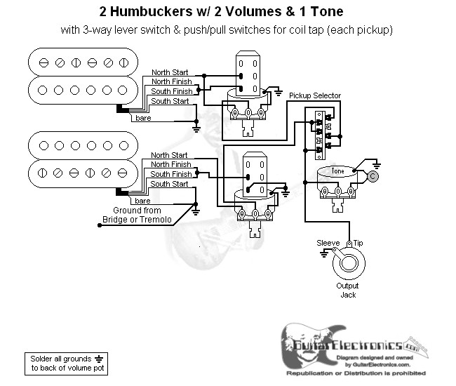 2 humbuckers 3 way lever switch 2 volumes 1 tone individual coil switch 2 volumes 1 tone individual click to enlarge